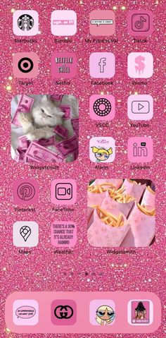 a pink poster with many different things on it