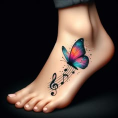 a colorful butterfly with music notes on it's foot