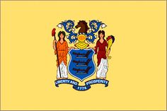 the state flag is shown with three women standing in front of an eagle and shield