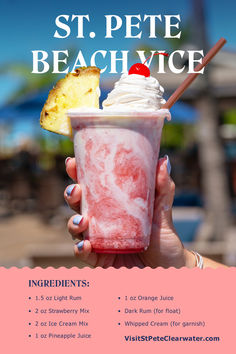 a woman holding up a pink drink with a pineapple on top and the words st pete beach vice