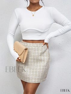 Ebeek - Chic Womens Clothing: High-Waisted Plaid Print Bodycon Mini Skirt White Mini Skirt For Fall, White High Waist Skirt For Fall, White Stretch Mini Skirt For Fall, White Pencil Skirt For Fall, White Fitted Pencil Skirt For Fall, Fitted White Pencil Skirt For Fall, Mini Skirts, Plaid, Solid Color