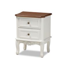 a white nightstand with two drawers on one side and a wooden top in the other