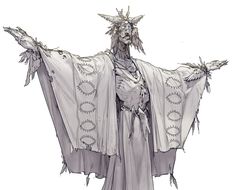 a drawing of a creepy creature with long hair and horns on his head, standing in front of a white background