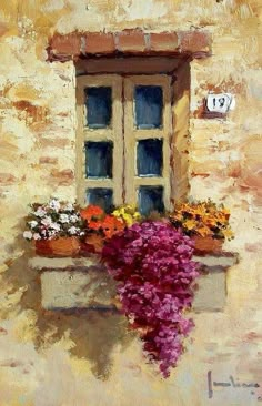 an oil painting of flowers in front of a window