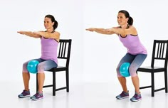 a woman doing squats on a chair