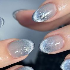 Sheer Blue Nails, Powder Blue Nails Designs, Korean Nail Ideas, Icy Blue Nails Winter, Korean Winter Nails, Icy Nails Winter, Cool Winter Nails, Winter Nails With Designs, New Year’s Nails