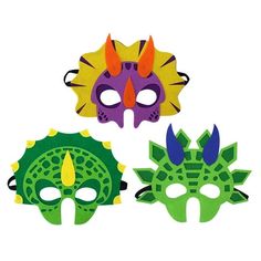 three masks with different colors and designs on the front, one is green, one is purple