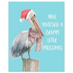 a christmas card with a stork wearing a santa hat and scarf on it