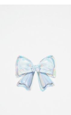 a small blue bow with iridescents on the front and back ends, against a white background