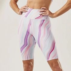 Athleta Love Proudly 7” Bike Shorts. Pink Rainbow Multicolored Swirls, Size Xs -For Medium To High Impact Workouts At The Gym, Studio Or Outdoors -Back Drop In Pocket To Store Your Essentials -Fully Adjustable Neverend Drawstring Won't Get Lost In The Wash -Fitted Next To The Body With A High-Rise Waistband That Holds You In -Classic Bike Short Length -Pulls Sweat Away From The Body To The Surface Of The Fabric So It Can Evaporate -Upf 50+ -Airflow Moves Easily Through The Garment -78% Polyester Pink Activewear With Built-in Shorts For Yoga, Pink Activewear With Built-in Shorts, Fitted Pink Athletic Shorts With Moisture-wicking, Spring Pink Athletic Shorts For Yoga, Spring Workout Mid-thigh Length Athletic Shorts, Pink Compression Biker Shorts For Light Exercise, Purple Activewear With Built-in Shorts For Spring, Stretch Pink Biker Shorts For Running, Pink Athletic Shorts For Spring Workout