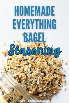 homemade everything bagel seasoning in a jar with text overlay reading homemade everything bagel seasoning