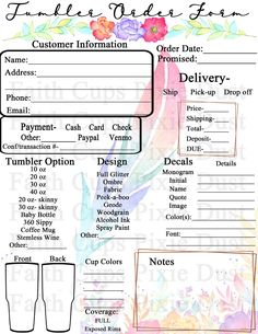 a printable order form is shown with flowers and leaves on the bottom, along with other items