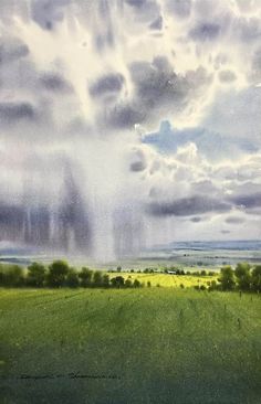 an oil painting of clouds over a green field