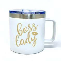 PRICES MAY VARY. Boss Day Gifts for Women - Coffee Mug for Women, Bosses, Coworkers: This cute, stainless steel coffee mug tumbler is sure to put a smile on your favorite woman's face! Has the funny saying: "Boss Lady" screen printed in gold print on the front and back. Vacuum Insulated Stainless Steel Tumbler - Keeps Drinks Hot and Cold for Hours: This high quality vacuum insulated 14 oz coffee mug tumbler is perfect for keeping drinks hot and cold for hours! Keeps drinks hot for 4 to 6 hours a Best Office Gifts, Best Boss Gifts, Boss Lady Mug, Coffee Mug Tumbler, Boss Gifts, Custom Travel Mugs, Bosses Day Gifts, Stainless Steel Coffee Mugs, Best Boss