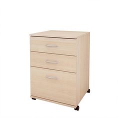 three drawers with wheels on each side and one drawer is open, the other has two handles