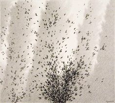 an ink drawing of birds flying in the sky