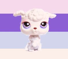 a little white dog with big eyes sitting on top of a purple and blue striped background