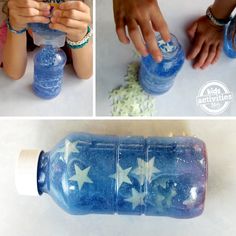 two pictures showing how to make a water bottle out of plastic bottles with stars on them