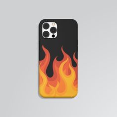 an iphone case with flames on the front and back cover, in black color against a gray background