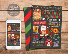 two christmas themed birthday party cards with santa clause and pancakes on the table next to an iphone