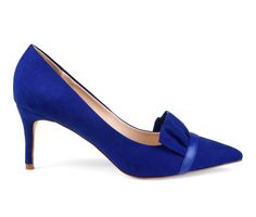 Show off elegant style in the Marek pump by Journee Collection. These pointed-toe pumps feature soft faux suede uppers and ruffle detail at the toes. Skinny stiletto high heels add the perfect height to this classic pump design. Faux suede upper,Slip-on entry,Approx. 2 3/4 inch heel,Pointed toe,Padded insole for added comfort,Synthetic outsole,Ruffle detail for added style | Women's Journee Collection Marek Pumps in Blue Size 6.5 Medium Blue Heels With Medium Width And Pointed Toe, Blue Slip-on Heels For Office, Blue Pointed Toe Court Shoes With 4-inch Heel, Blue Ankle Strap Slingback Pumps With 4-inch Heel, Blue Suede Pumps, Blue Pumps, Designer Pumps, Classic Pumps, 4 Inch Heels