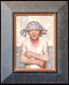 a painting of a man wearing a checkered hat with his arms crossed in front of him