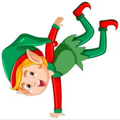 a cartoon elf hanging upside down on the ground with his arms and legs spread out