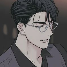 a man with glasses and a black shirt is staring at something in the distance while he has his head tilted to the side