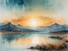 a painting of the sun setting over a mountain range with water and grass in front of it