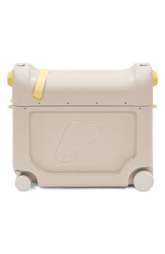 a beige cooler with yellow handles and wheels