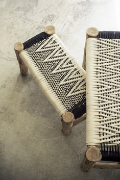 two wooden benches made out of woven material