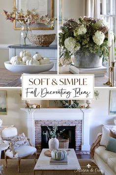 a living room filled with white furniture and lots of flowers in vases on the fireplace