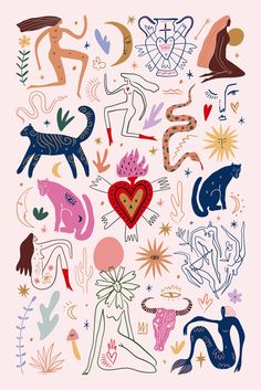 an illustration of various animals and people with hearts on their backs, surrounded by stars