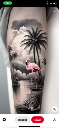 a flamingo is standing in the water with palm trees and clouds on it's thigh