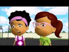 an animated image of two children talking to each other in the middle of a parking lot