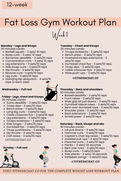 Fat Loss Gym Workout, Weekly Gym Workouts, Gym Workout Plan, 30 Day Workout Plan, 12 Week Workout, Gym Workout Plan For Women, Work Out Routines Gym, Weekly Workout Plans