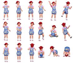 an animation character poses in various positions to be different from the other characters, including red hair and blue overalls