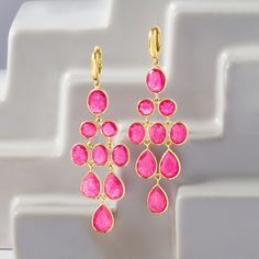 Ross-Simons - 23.90ct t. w. Pink Quartz Chandelier Earrings in 18kt Yellow Gold Over Sterling. If you adore the color pink and love feeling glamorous, we've found the earrings for you! Fabulous chandeliers are adorned with 23.90 ct. t. w. round, oval and pear-shaped pink quartz gemstones, and suspend from polished 18kt yellow gold over sterling silver hoops above. Hanging length is 2 7/8". Hinged post, pink quartz chandelier earrings. Quartz Chandelier, Essential Jewelry, Love Feeling, Red Quartz, Quartz Gemstones, Jewelry Styles, Blue Topaz Pendant, Quartz Colors, Butterfly Pendant Necklace