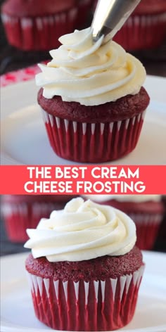 red velvet cupcakes with cream frosting on top and the words, the best cream cheese frosting