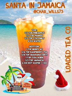 an advertisement for santa in jamaica featuring a drink on the beach