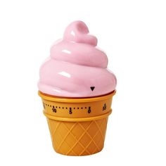 a pink ice cream cone on top of a yellow cupcake shaped container with measuring tape