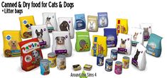 an assortment of dog food and treats on white background with caption that says canned & dry food for cats and dogs