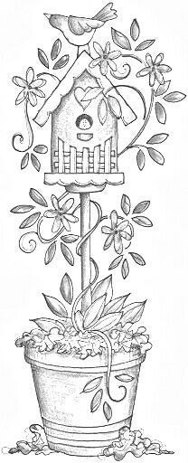 a drawing of a birdhouse in a flower pot