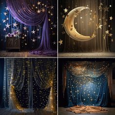 four different images of curtains with stars and the moon on them in various stages of creation