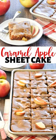 caramel apple sheet cake with apples in the background and on plates next to it