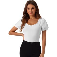 This top features a flattering sweetheart neckline and a chic v-neck design that will make you stand out from the crowd. Its short sleeves provide a perfect balance between style and comfort. Made of 95% polyester and 5% spandex fabric, this bodysuit is both durable and stretchy, allowing for a comfortable and snug fit. Whether you're dressing up for a night out or dressing down for a casual day, this bodysuit top is the perfect addition to your wardrobe. This solid bodysuit top with a sweethear Womens Office, Bodysuit White, One Piece Clothing, Bodysuit Top, Sheer Shorts, Womens Bodysuit, Short Sleeve Bodysuit, Sweetheart Neck, Body Suit