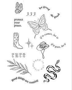 some tattoos that are on the back of a white shirt with words and butterflies around it