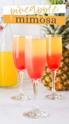 pineapple mimosa in wine glasses with orange juice and pineapple on the side