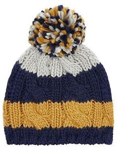 a blue and yellow knitted hat with a pom