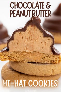 chocolate and peanut butter cookies stacked on top of each other with the words h - hat cookies